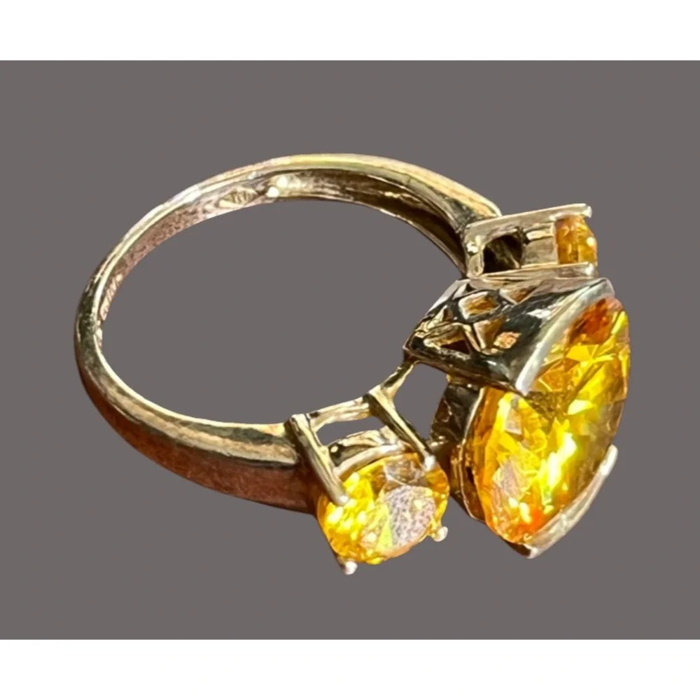 14K GOLD PLATED Sterling Silver Ring ROUND ORANGE CITRINE Three-Stone SIZE  7.5